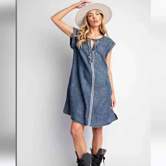 New Easel Washed Denim Blue Jean Dress - Picture 2 of 6